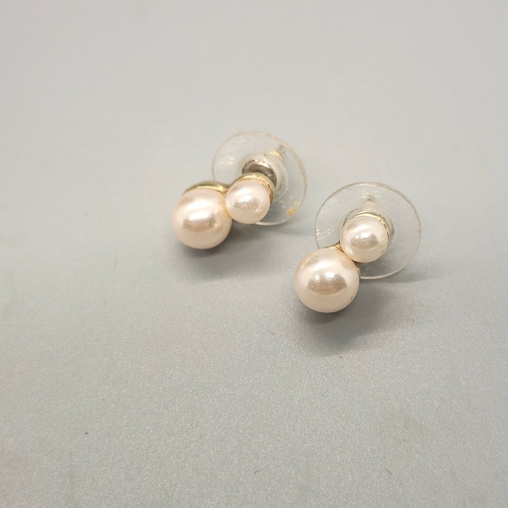 Petite Gold Tone Double Faux Pearl Stacked Stud Earrings Cream Blush - Picture 2 of 3